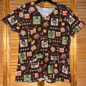 Scrubstar V Neck Happy Thanksgiving Turkey Short Sleeve Brown Scrub Top Medium‎